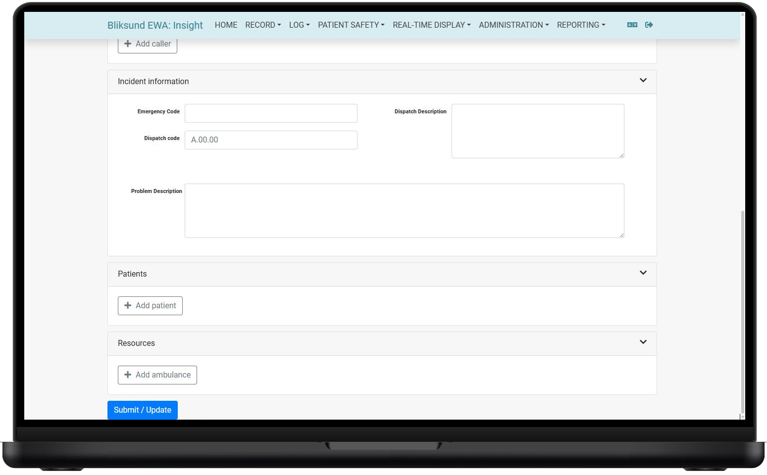The lower half of the Full simulation form, showing Incident information above empty Patients and Resources sections with their Add buttons and the Submit / Update button